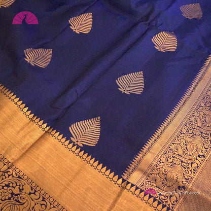 Indigo Blue Pure Kanchipuram Handloom SILK MARK CERTIFIED Saree with Gold Zari Border