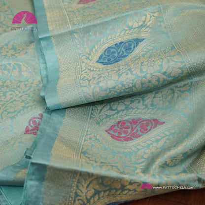 Celeste Blue Kanchipuram Brocade Soft Silk Saree with Meenakari Paisely Border | Light weight Kanchi | Wedding Silk | SILK MARK CERTIFIED | Kanjivaram Silks