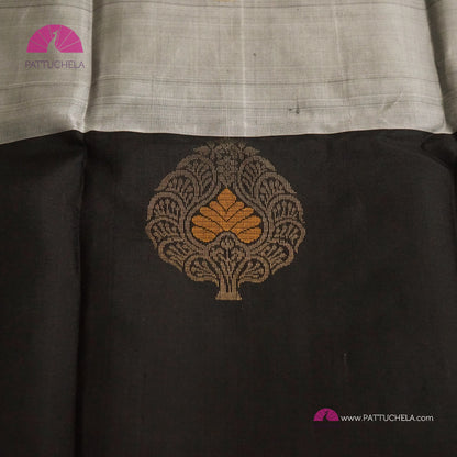 Half and Half Pure Kanchipuram Soft Silk Saree in Black and Grey Chic Combinations with Peacock feather Zari Motifs in Antique Gold | Light Weight Kanchi | SILK MARK CERTIFIED | Kanjivaram Silks