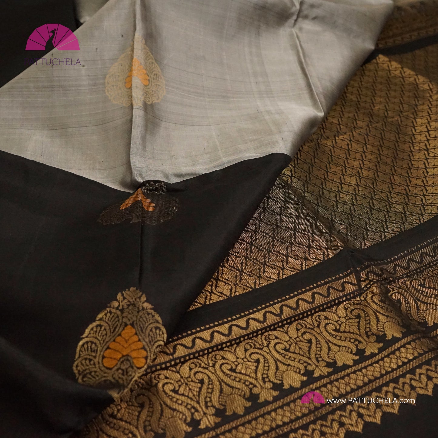 Half and Half Pure Kanchipuram Soft Silk Saree in Black and Grey Chic Combinations with Peacock feather Zari Motifs in Antique Gold | Light Weight Kanchi | SILK MARK CERTIFIED | Kanjivaram Silks