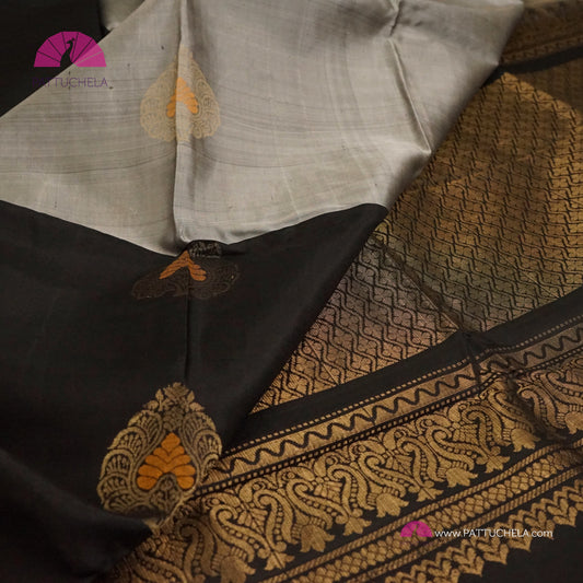 Half and Half Pure Kanchipuram Soft Silk Saree in Black and Grey Chic Combinations with Peacock feather Zari Motifs in Antique Gold | Light Weight Kanchi | SILK MARK CERTIFIED | Kanjivaram Silks