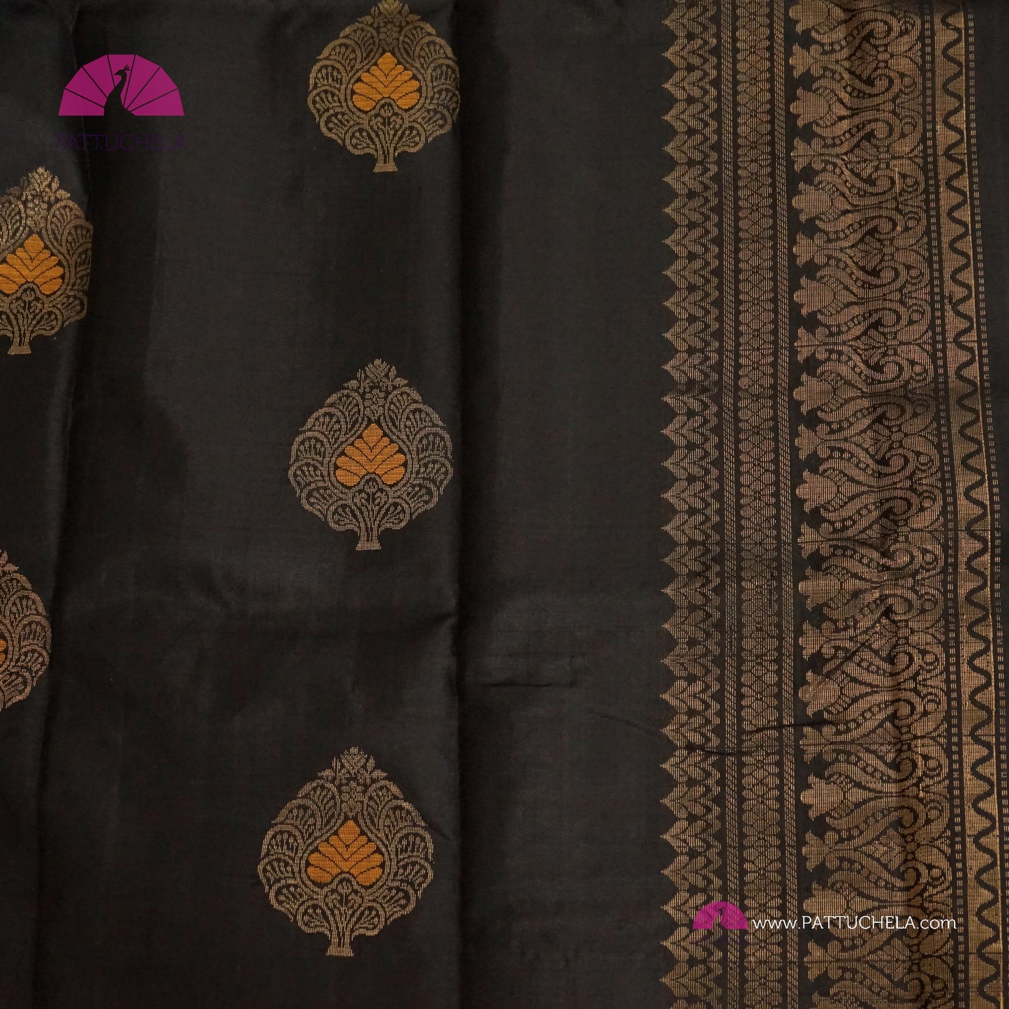 Half and Half Pure Kanchipuram Soft Silk Saree in Black and Grey Chic Combinations with Peacock feather Zari Motifs in Antique Gold | Light Weight Kanchi | SILK MARK CERTIFIED | Kanjivaram Silks