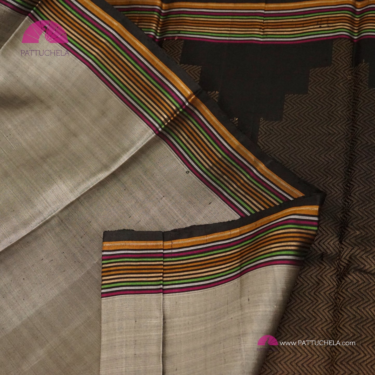 Grey Kanchipuram Soft Silk Saree with Unique Border in multiple Hues | Soft Silk Saree | Contemporary Pattern | Silk mark Certified | Kanjivaram Silks