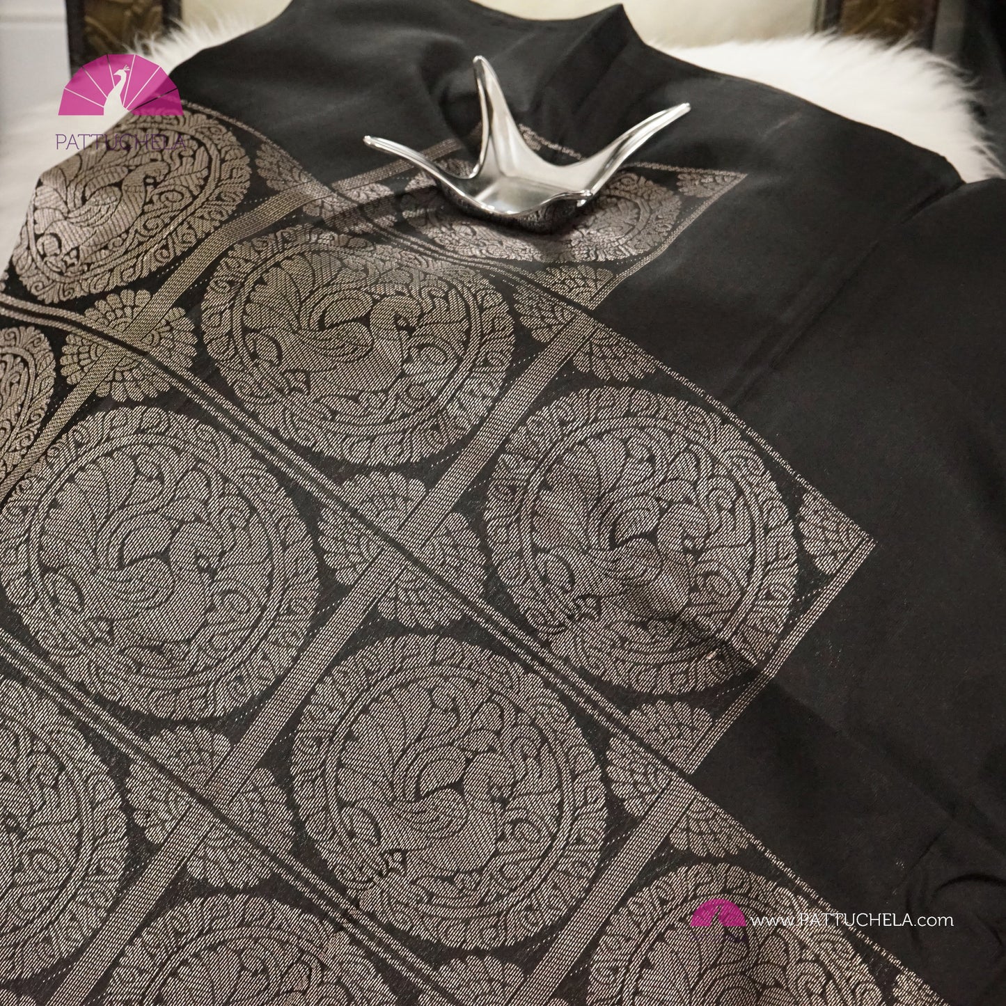 Black Kanchipuram Handloom SILK MARK CERTIFIED Soft Silk Saree with Contemporary Steps Pattern Silver weaves