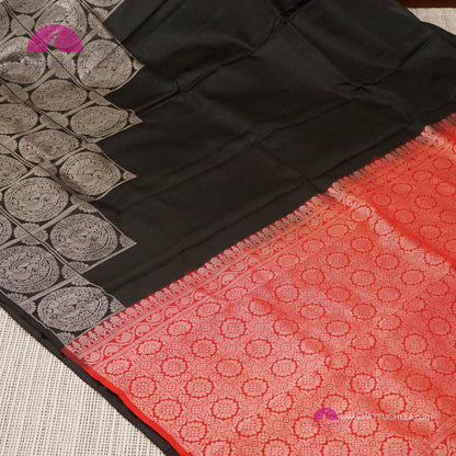 Black Kanchipuram Handloom SILK MARK CERTIFIED Soft Silk Saree with Contemporary Steps Pattern Silver weaves