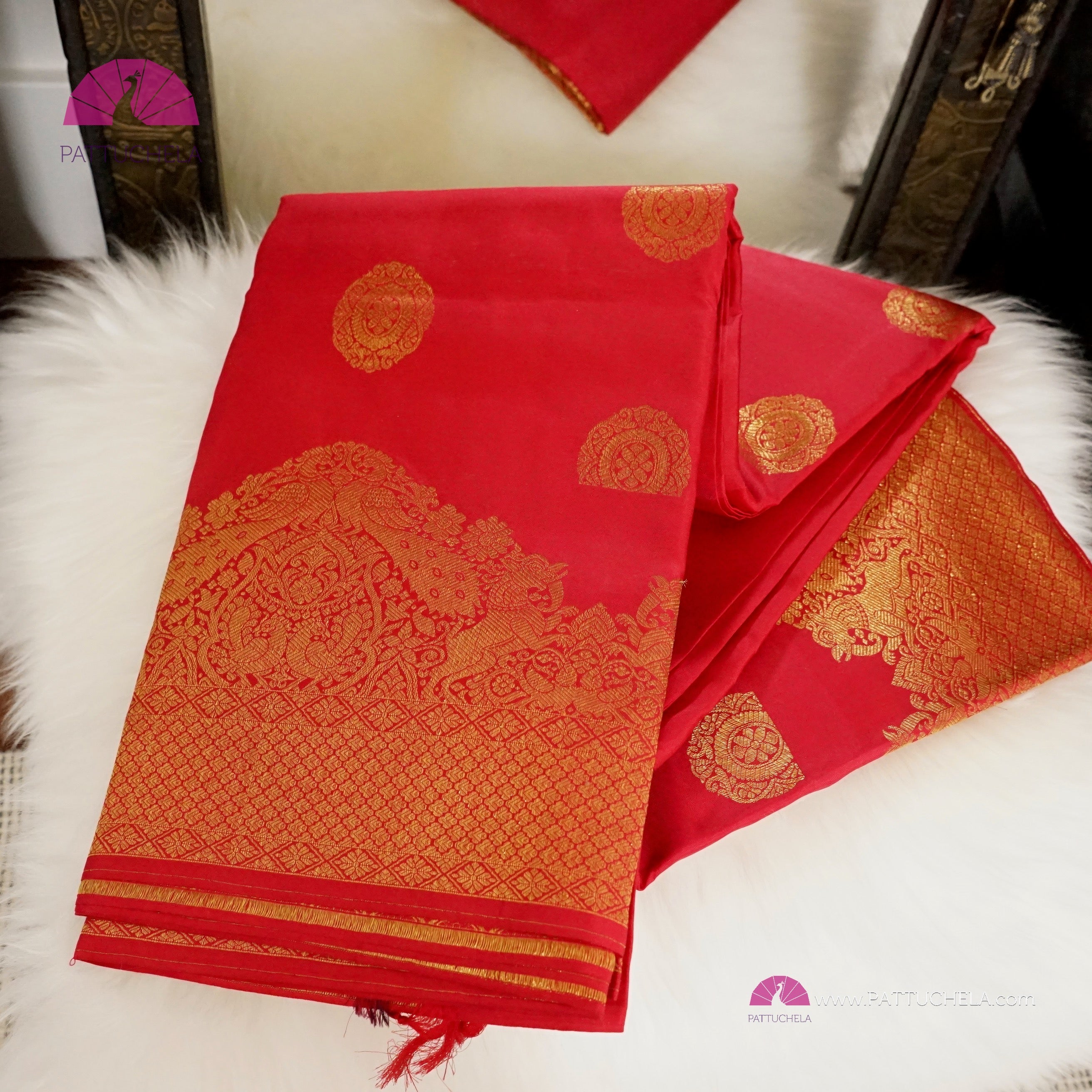 Cardinal Red Kanjivaram Silk Saree With Floral Pattern – Cherrypick