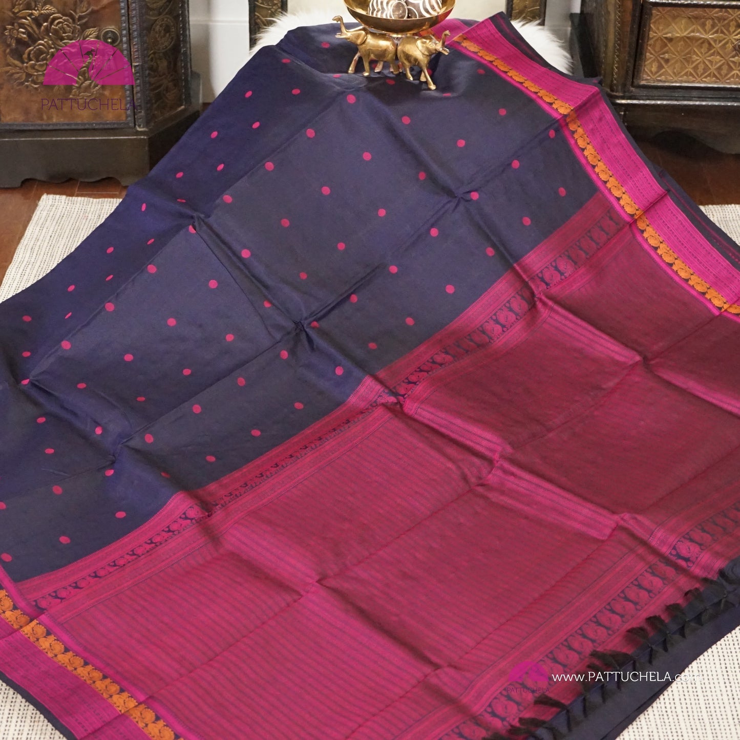 Navy Blue Pure Kanchipuram Silk Saree in thread weaves with Pink Border and Pallu | Party Wear | SILK MARK CERTIFIED | Kanjivaram Silks