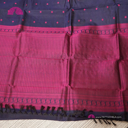 Navy Blue Pure Kanchipuram Silk Saree in thread weaves with Pink Border and Pallu | Party Wear | SILK MARK CERTIFIED | Kanjivaram Silks