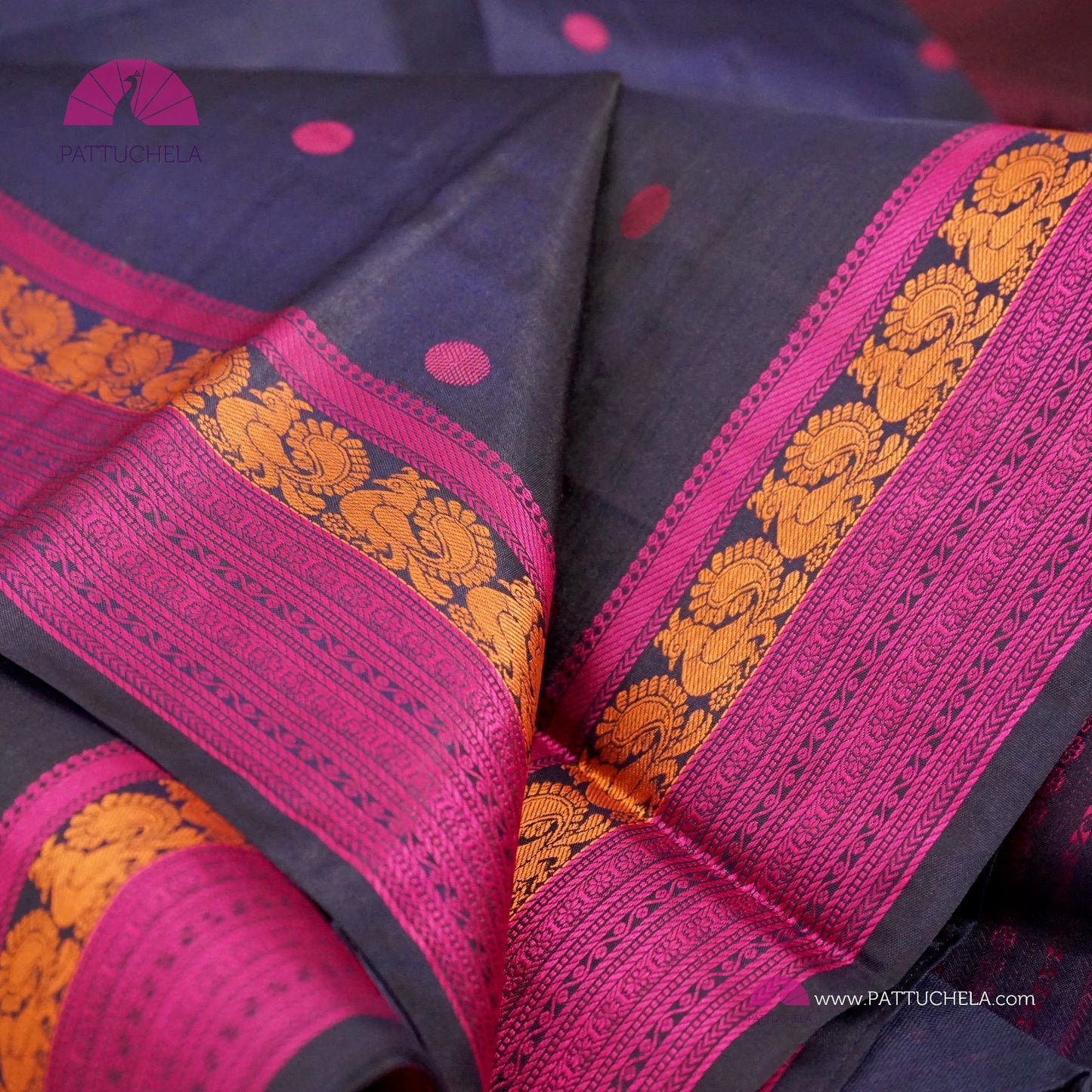 Navy Blue Pure Kanchipuram Silk Saree in thread weaves with Pink Border and Pallu | Party Wear | SILK MARK CERTIFIED | Kanjivaram Silks