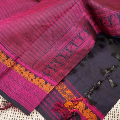 Navy Blue Pure Kanchipuram Silk Saree in thread weaves with Pink Border and Pallu | Party Wear | SILK MARK CERTIFIED | Kanjivaram Silks