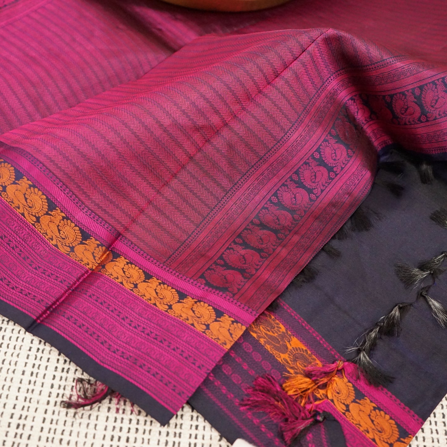 Navy Blue Pure Kanchipuram Silk Saree in thread weaves with Pink Border and Pallu | Party Wear | SILK MARK CERTIFIED | Kanjivaram Silks