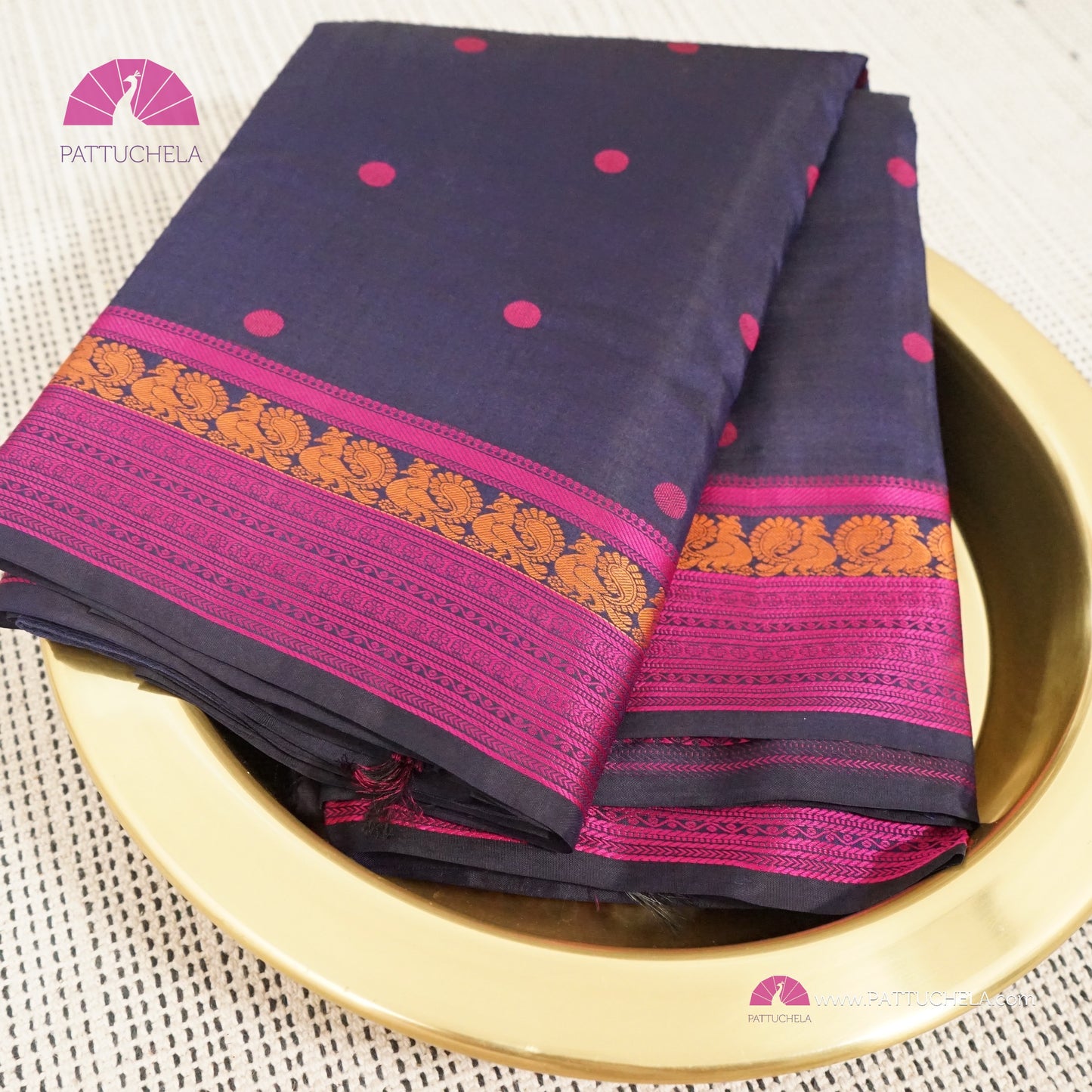 Navy Blue Pure Kanchipuram Silk Saree in thread weaves with Pink Border and Pallu | Party Wear | SILK MARK CERTIFIED | Kanjivaram Silks