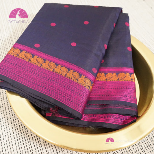 Navy Blue Pure Kanchipuram Silk Saree in thread weaves with Pink Border and Pallu | Party Wear | SILK MARK CERTIFIED | Kanjivaram Silks