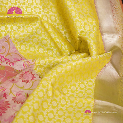 Chartreuse Green Kanchipuram Brocade Handloom SILK MARK CERTIFIED Silk Saree with Paithani style Floral Borders