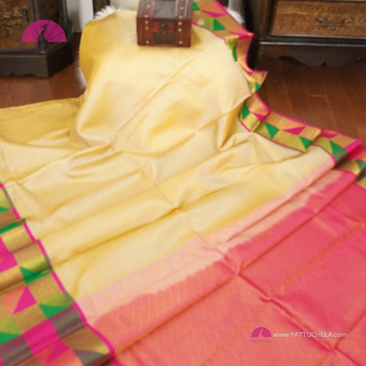Beige Kanchipuram Silk Saree with Geometrical Pattern zari border in mixed hues | Statement Saree | Contemporary Design | SILK MARK CERTIFIED | Kanjivaram Silks