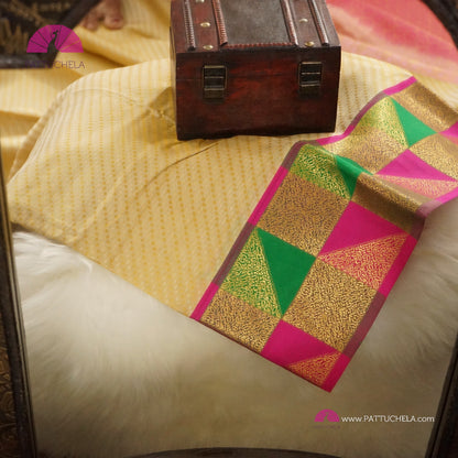 Beige Kanchipuram Silk Saree with Geometrical Pattern zari border in mixed hues | Statement Saree | Contemporary Design | SILK MARK CERTIFIED | Kanjivaram Silks