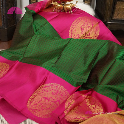 Emerald Green jacquard checks Kanchipuram Handloom SILK MARK CERTIFIED Saree with Mandala Motif border