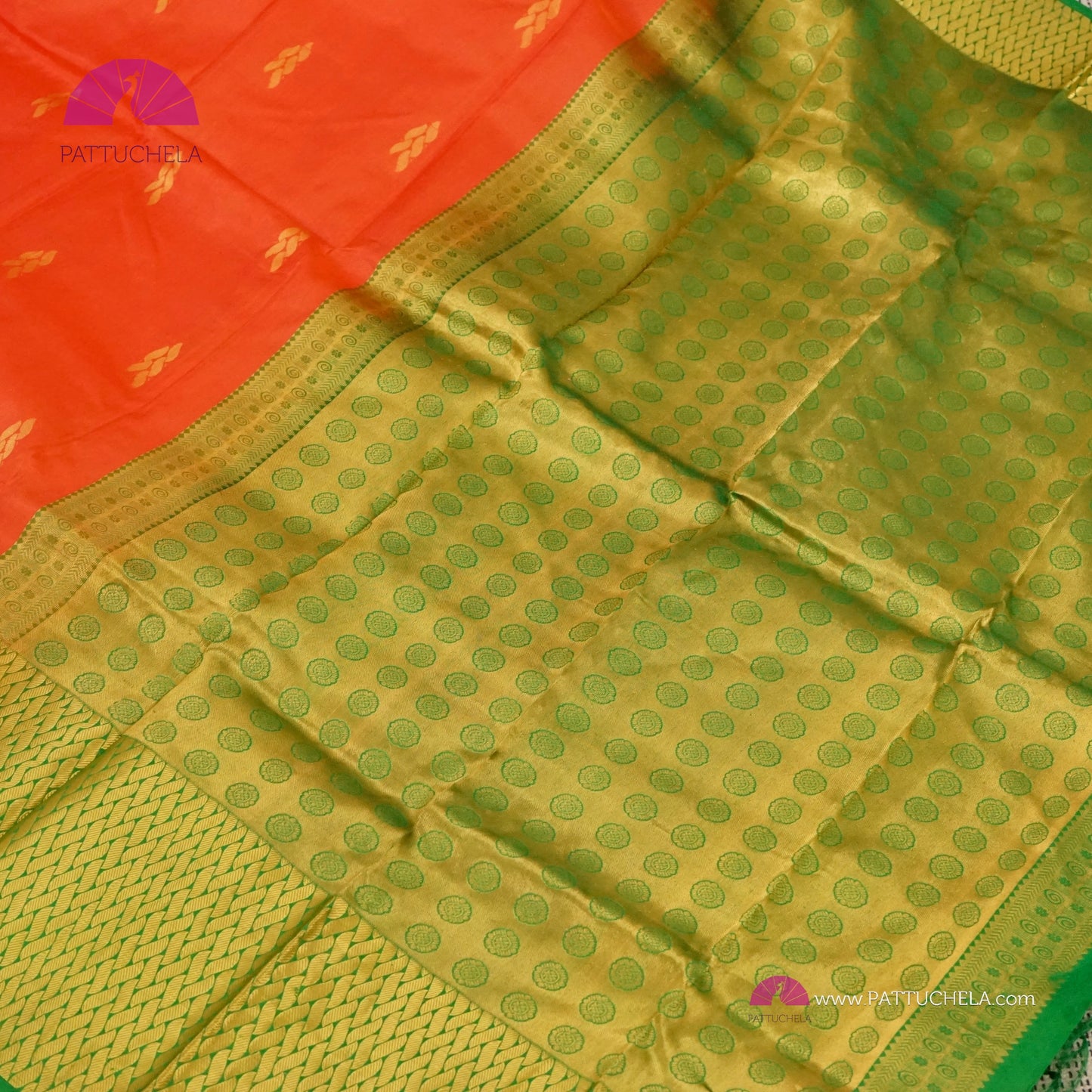 Fiery Orange Kanchipuram Silk Saree with Designer Temple Border in Gold Zari | Green Blouse | Wedding Saree | SILK MARK CERTIFIED | Kanjivaram Silks
