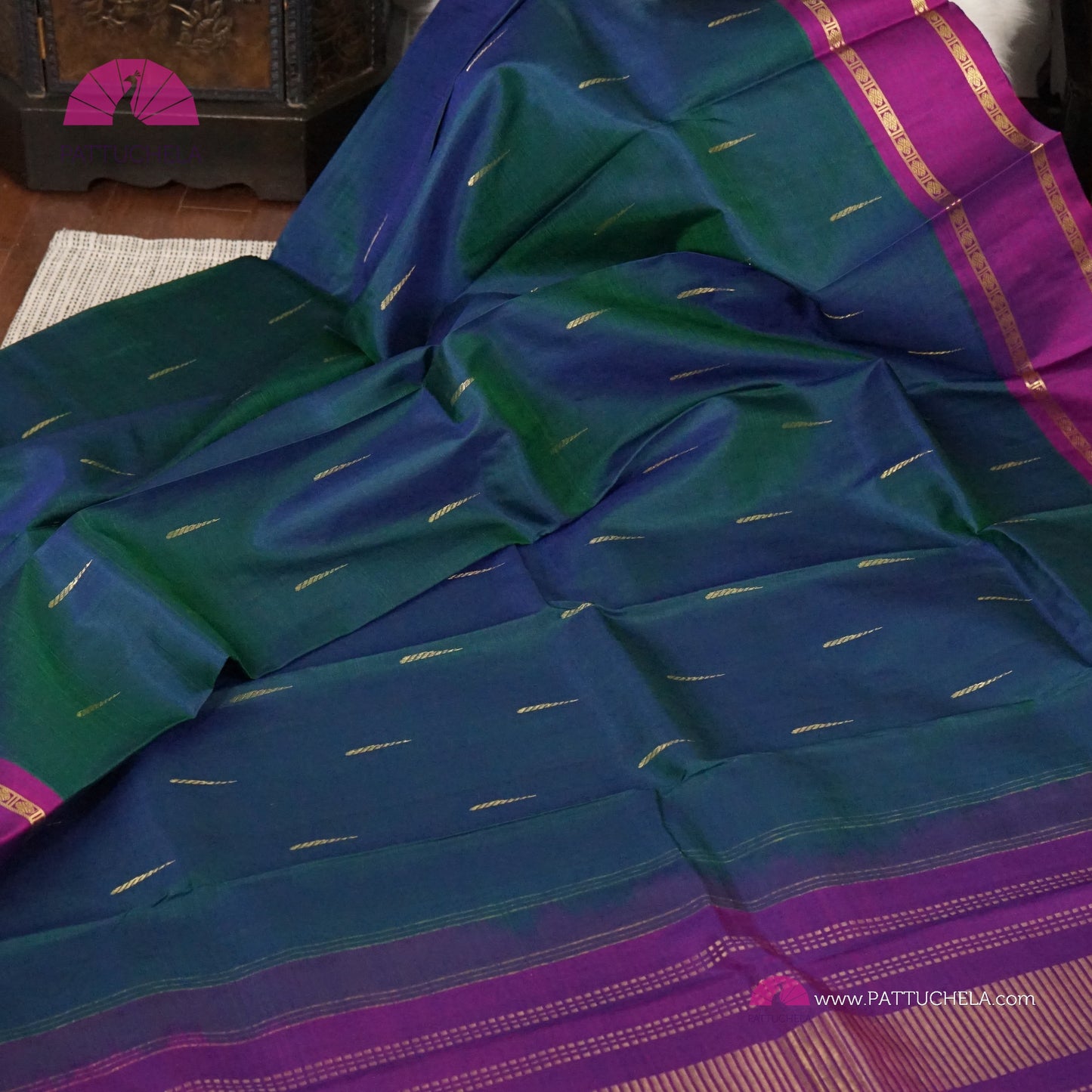Dual Tone Kanchipuram Silk saree hued in Peacock Blue with contrast Purple Bentex Border | Droplet Motifs | Classic Kanchipuram | Wedding Saree | SILK MARK CERTIFIED | Kanjivaram Silks