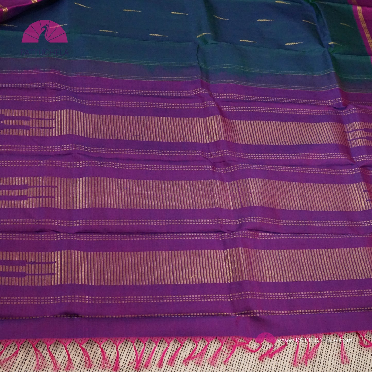 Dual Tone Kanchipuram Silk saree hued in Peacock Blue with contrast Purple Bentex Border | Droplet Motifs | Classic Kanchipuram | Wedding Saree | SILK MARK CERTIFIED | Kanjivaram Silks