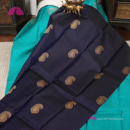 Pure Kanchipuram Silk Saree in Sky Blue and Navy Blue Hues with Zari Border and Paisley Motifs | Partly Pallu Style | Statement Saree | Trendy Design | SILK MARK CERTIFIED | Kanjivaram Silks