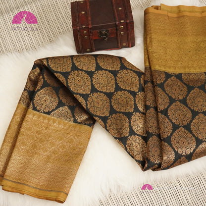Black with Antique Gold Banarasi Katan Handwoven Soft Silk Saree