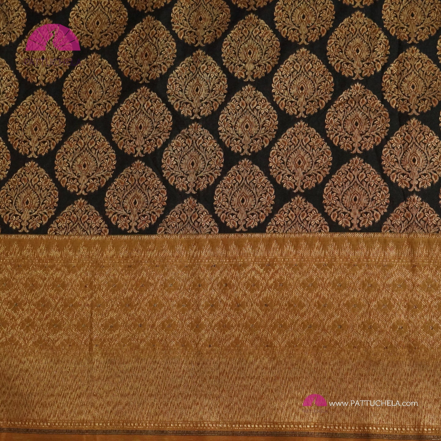 Black with Antique Gold Banarasi Katan Handwoven Soft Silk Saree