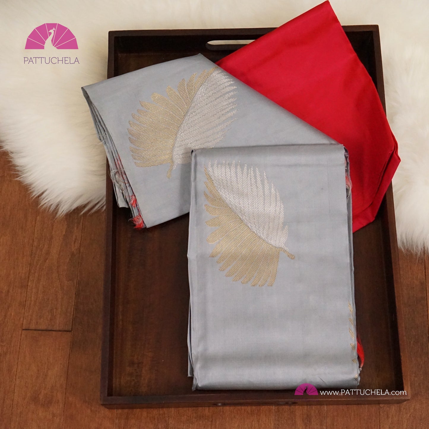 Pastel Grey Kanchipuram Handloom SILK MARK CERTIFIED Saree with Contrast Ruby Red Zari Border