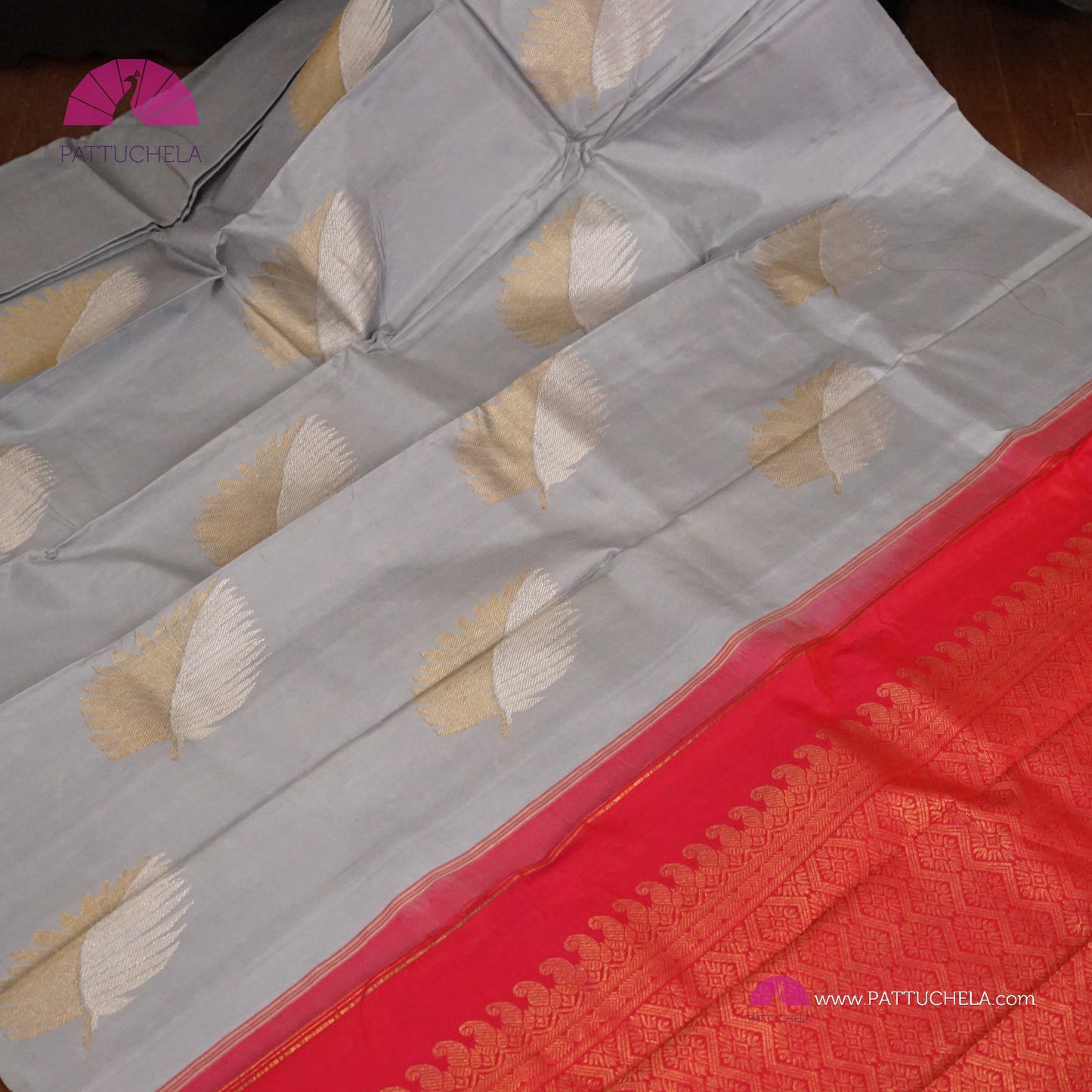 Pastel Grey Kanchipuram Handloom SILK MARK CERTIFIED Saree with Contrast Ruby Red Zari Border