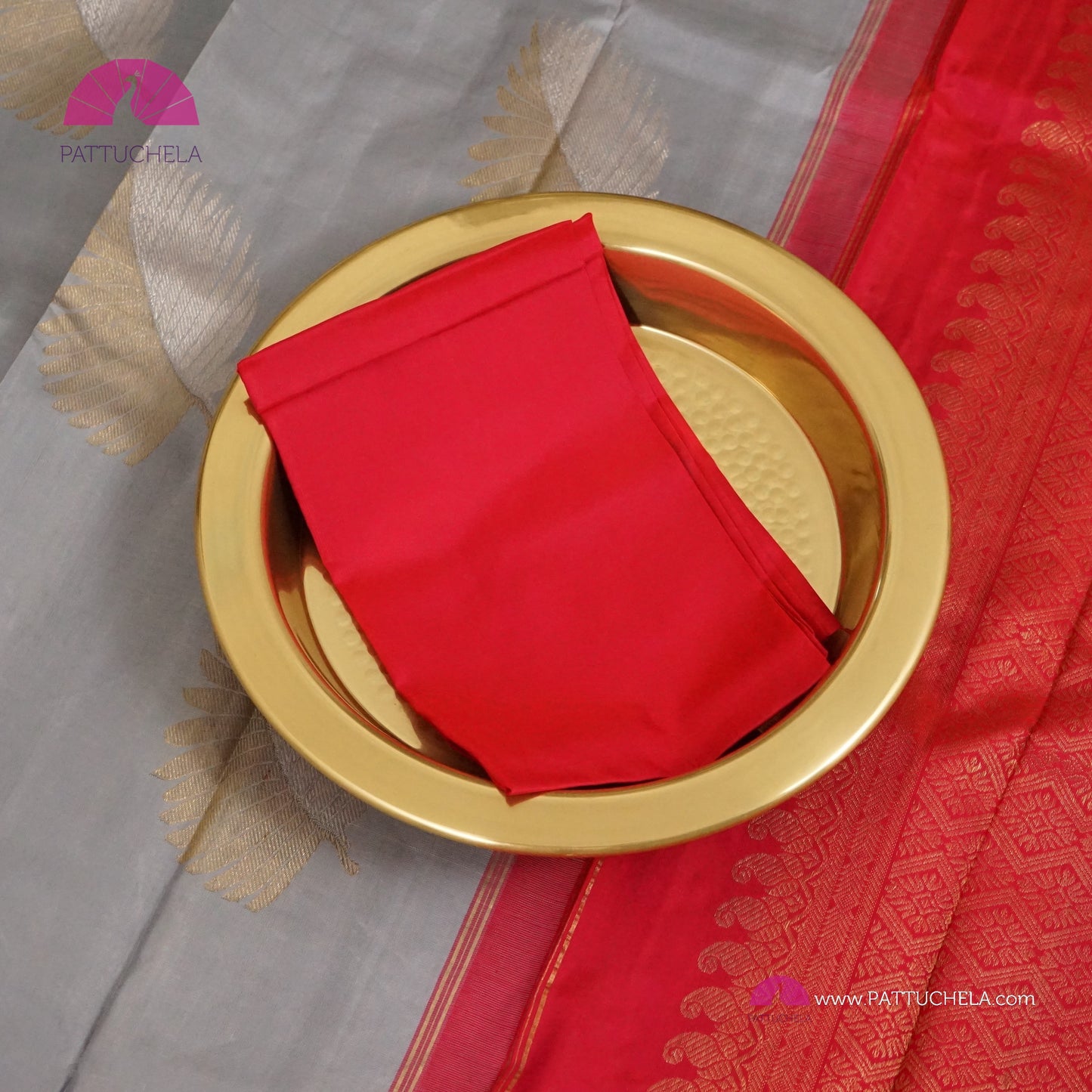 Pastel Grey Kanchipuram Handloom SILK MARK CERTIFIED Saree with Contrast Ruby Red Zari Border