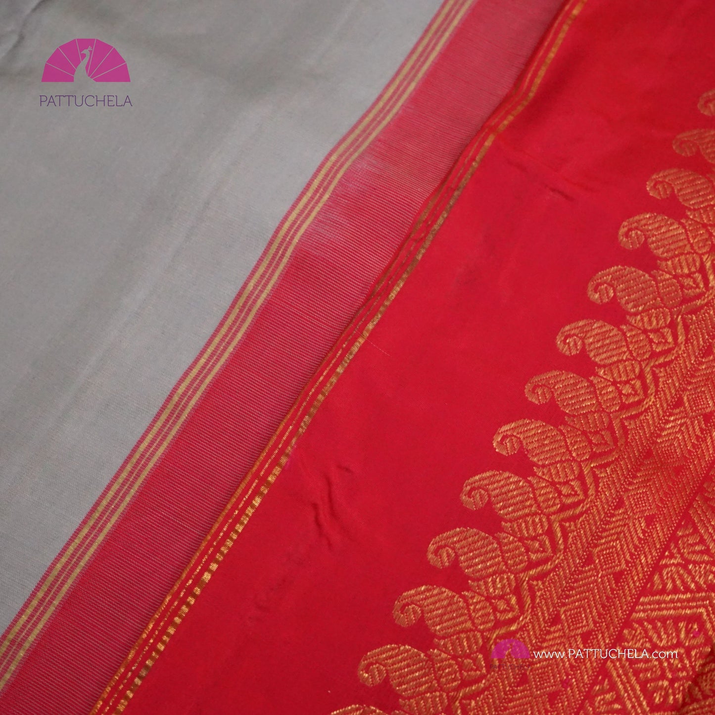 Pastel Grey Kanchipuram Handloom SILK MARK CERTIFIED Saree with Contrast Ruby Red Zari Border