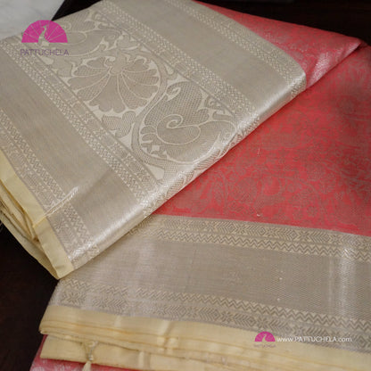 Pastel Pink Vanasingaram Kanchipuram Handloom SILK MARK CERTIFIED Saree with Off white Zari Borders