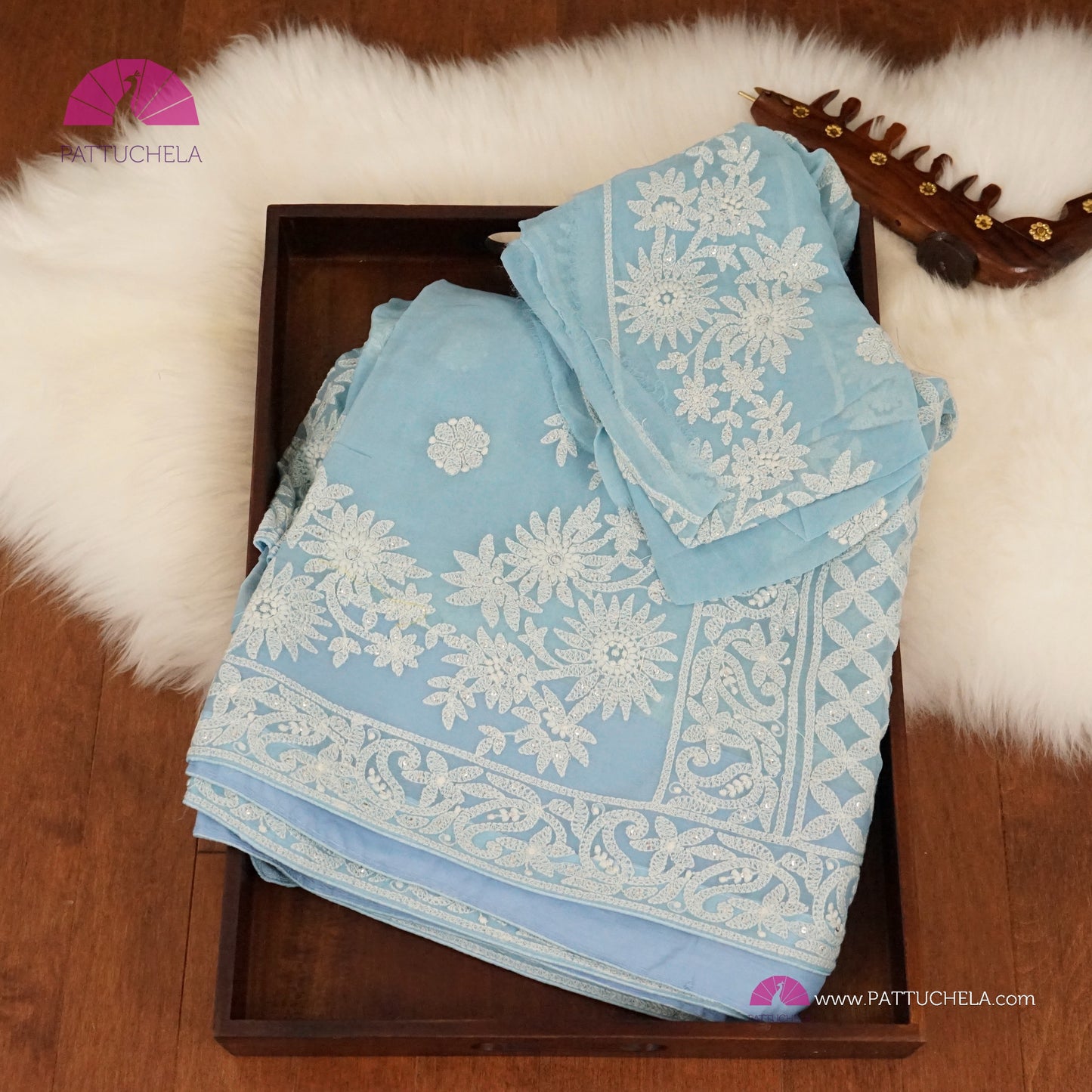 Pastel Sky Blue Floral Georgette Chikankari Saree