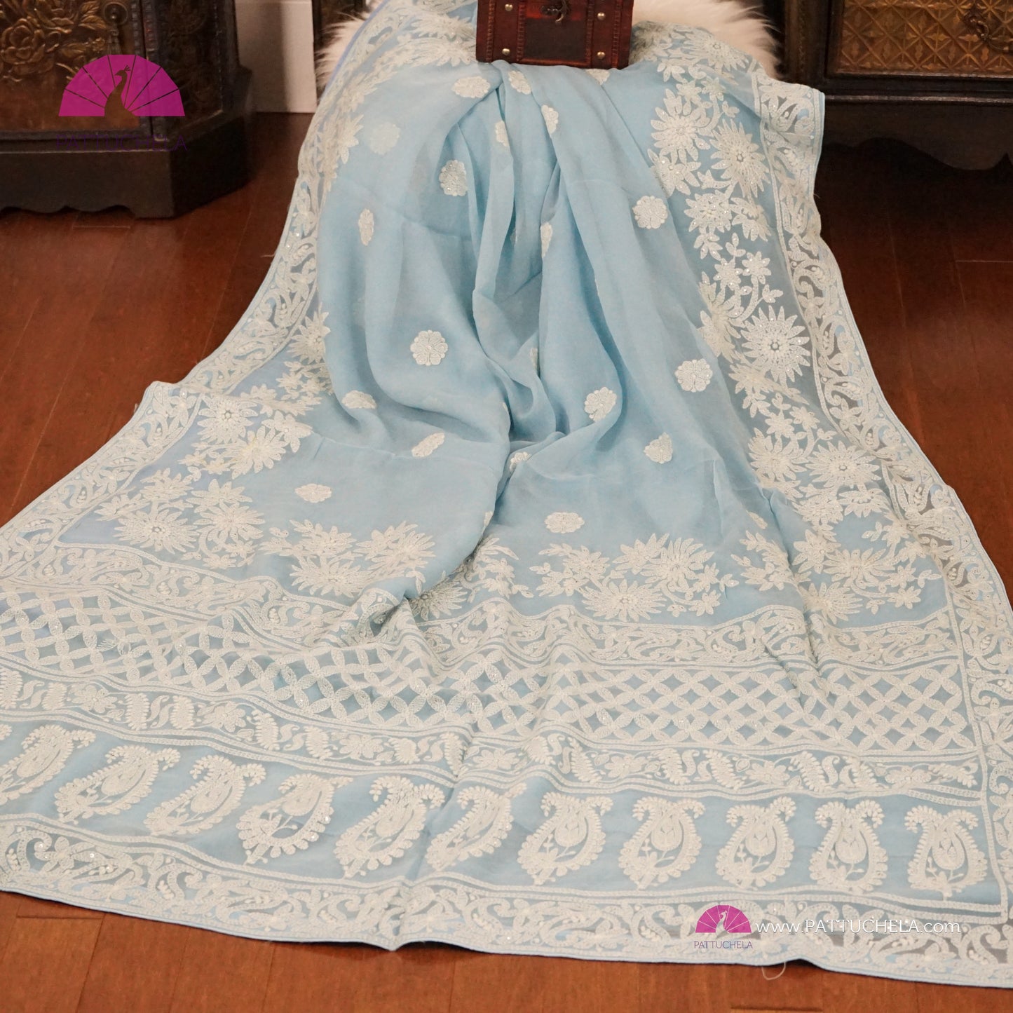 Pastel Sky Blue Floral Georgette Chikankari Saree