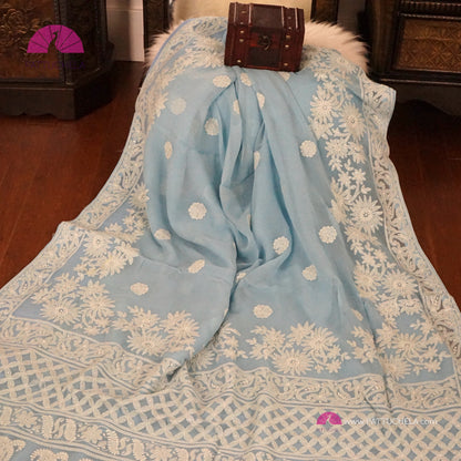 Pastel Sky Blue Floral Georgette Chikankari Saree