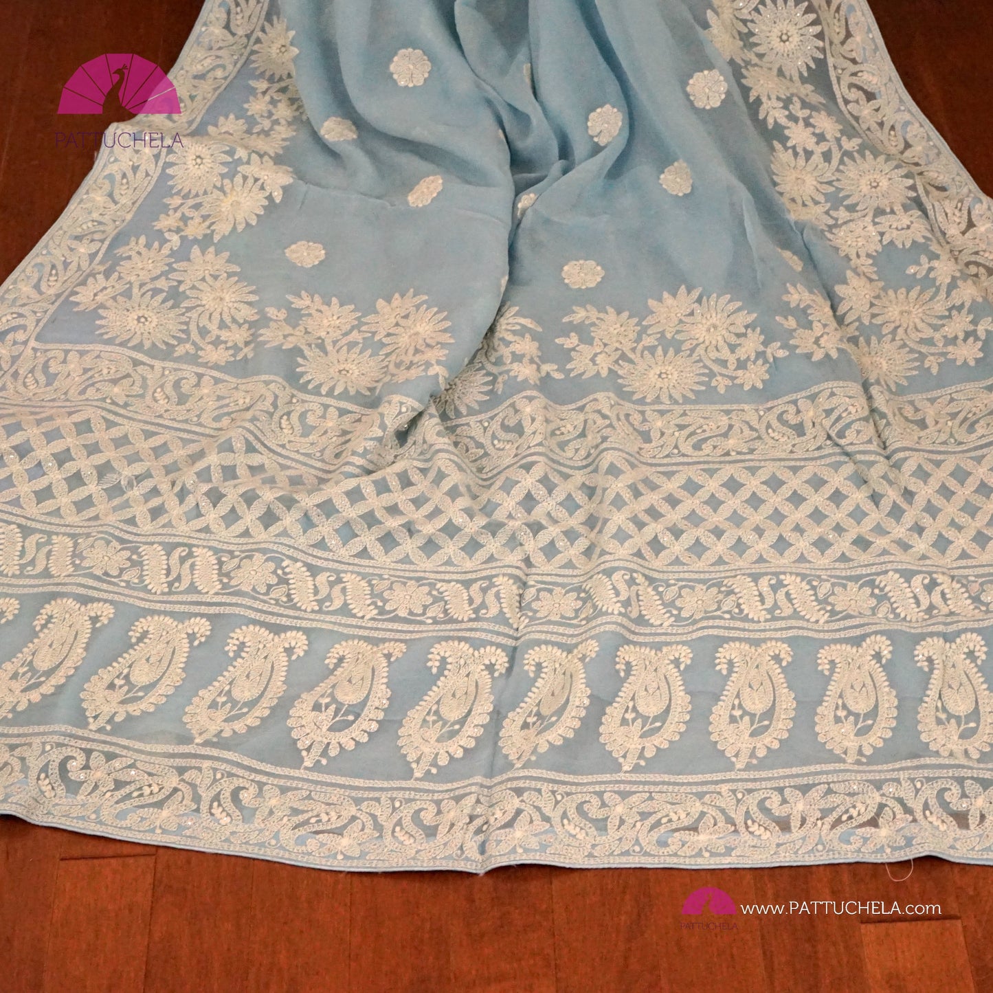 Pastel Sky Blue Floral Georgette Chikankari Saree