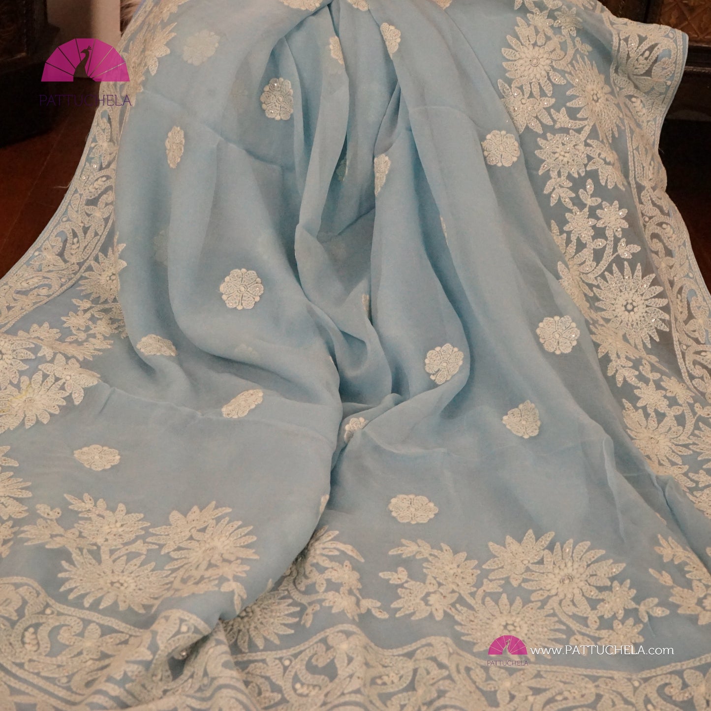 Pastel Sky Blue Floral Georgette Chikankari Saree