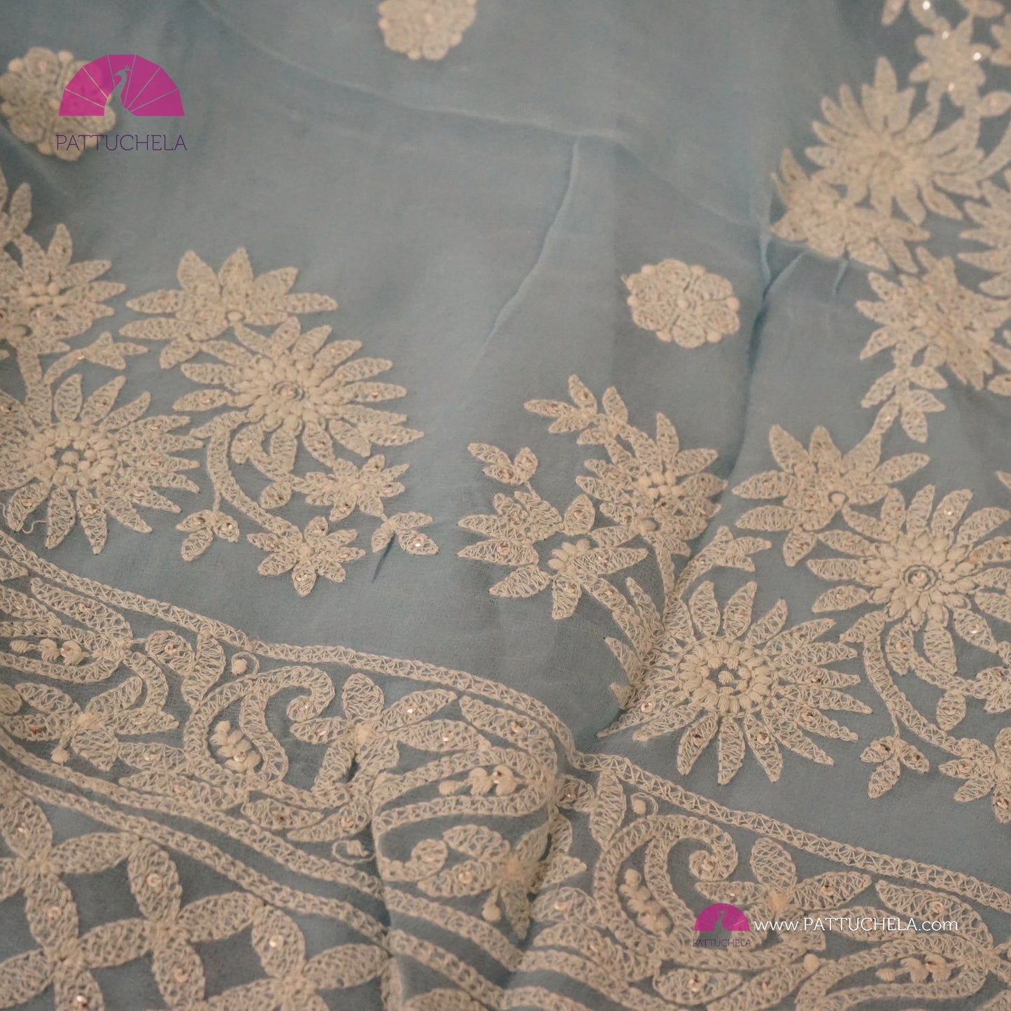 Pastel Sky Blue Floral Georgette Chikankari Saree