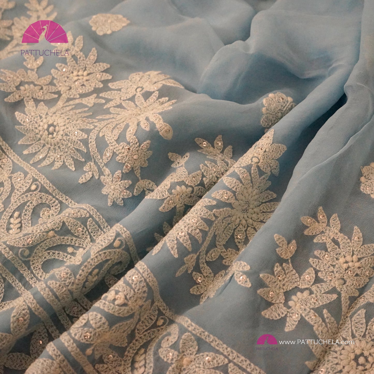 Pastel Sky Blue Floral Georgette Chikankari Saree