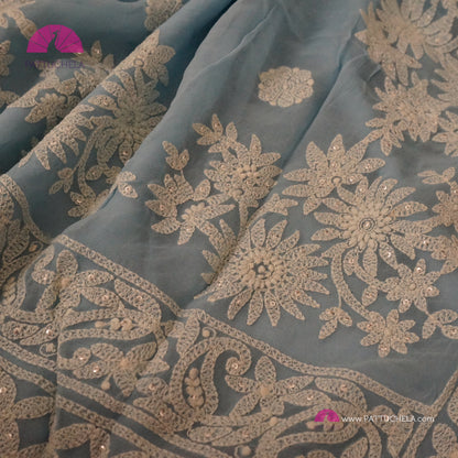 Pastel Sky Blue Floral Georgette Chikankari Saree