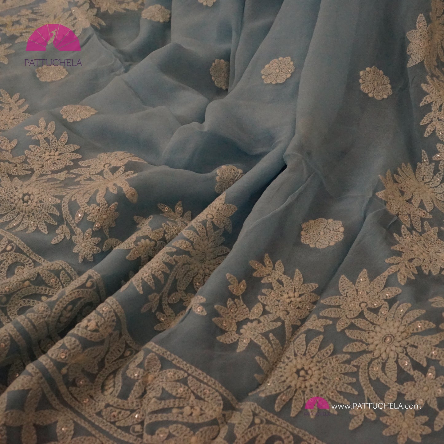 Pastel Sky Blue Floral Georgette Chikankari Saree