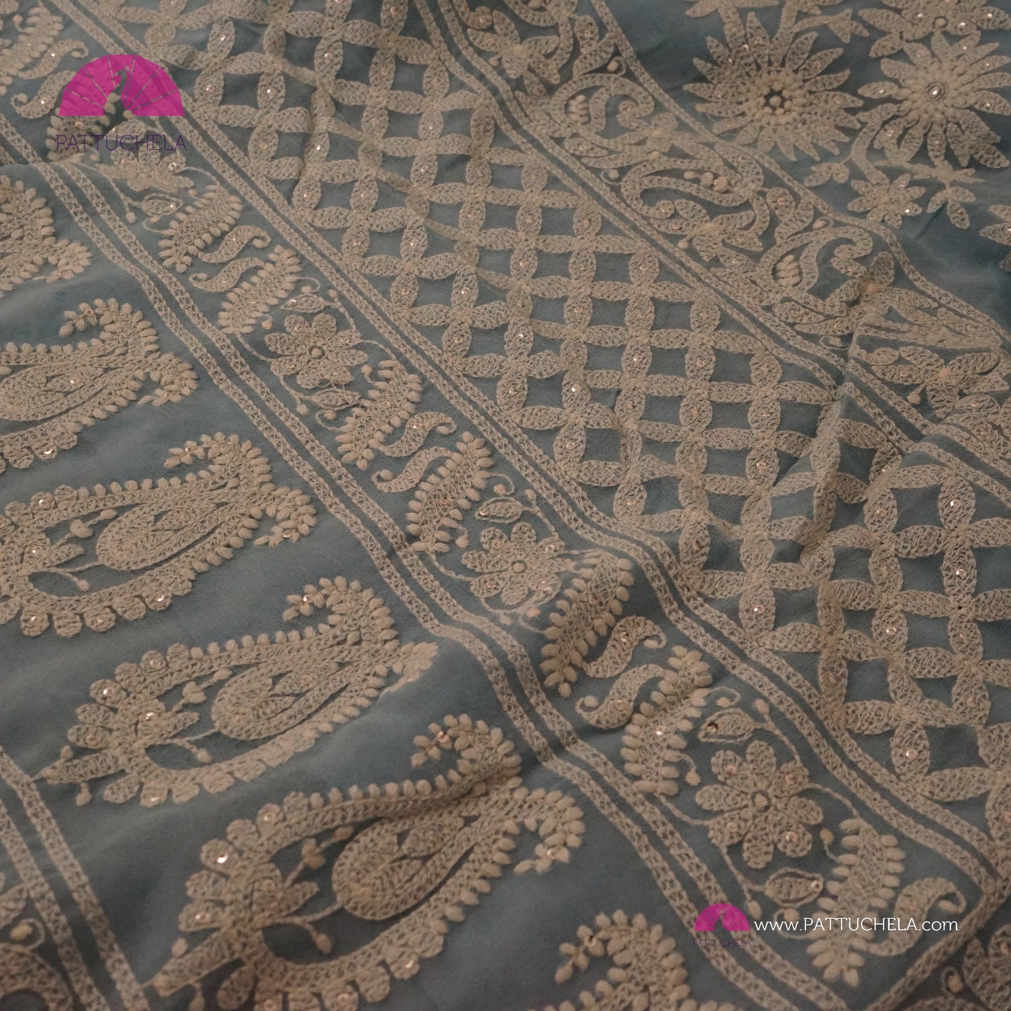 Pastel Sky Blue Floral Georgette Chikankari Saree