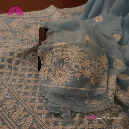 Pastel Sky Blue Floral Georgette Chikankari Saree