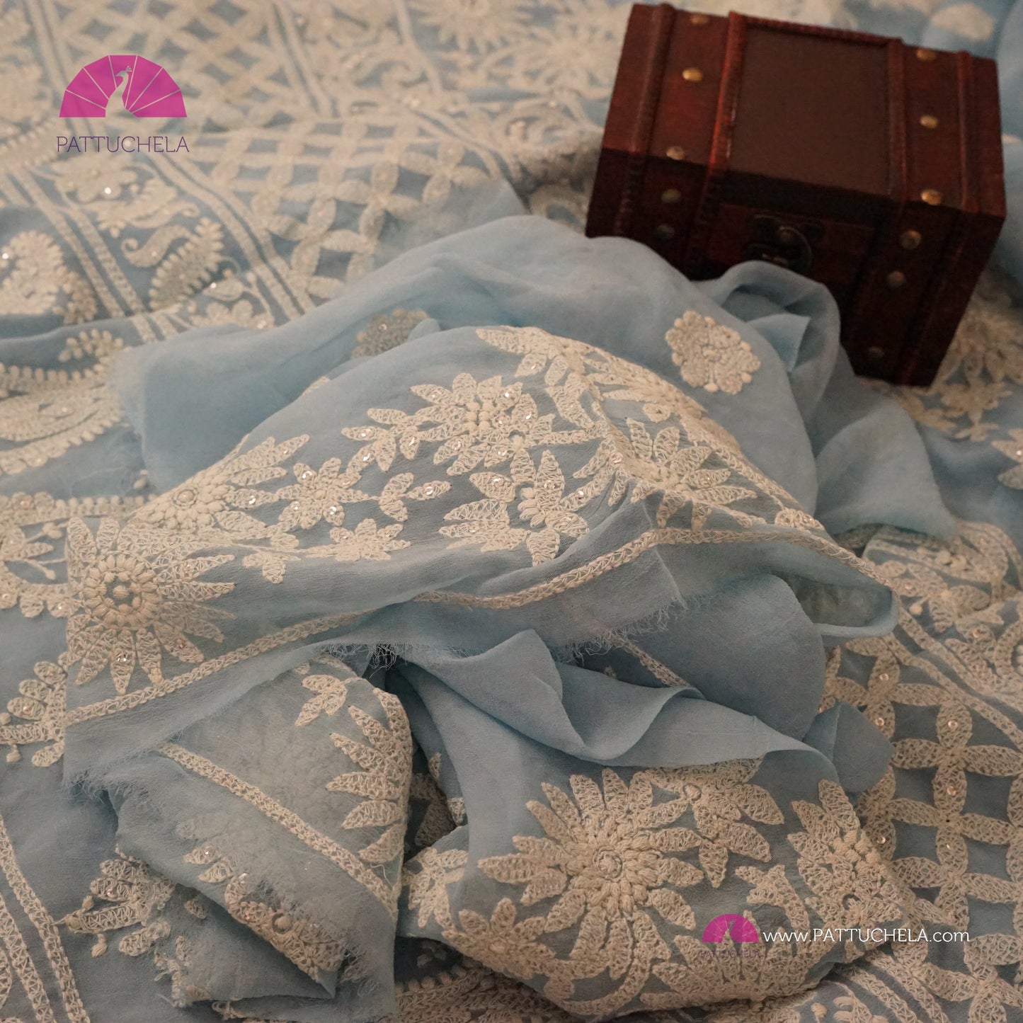 Pastel Sky Blue Floral Georgette Chikankari Saree