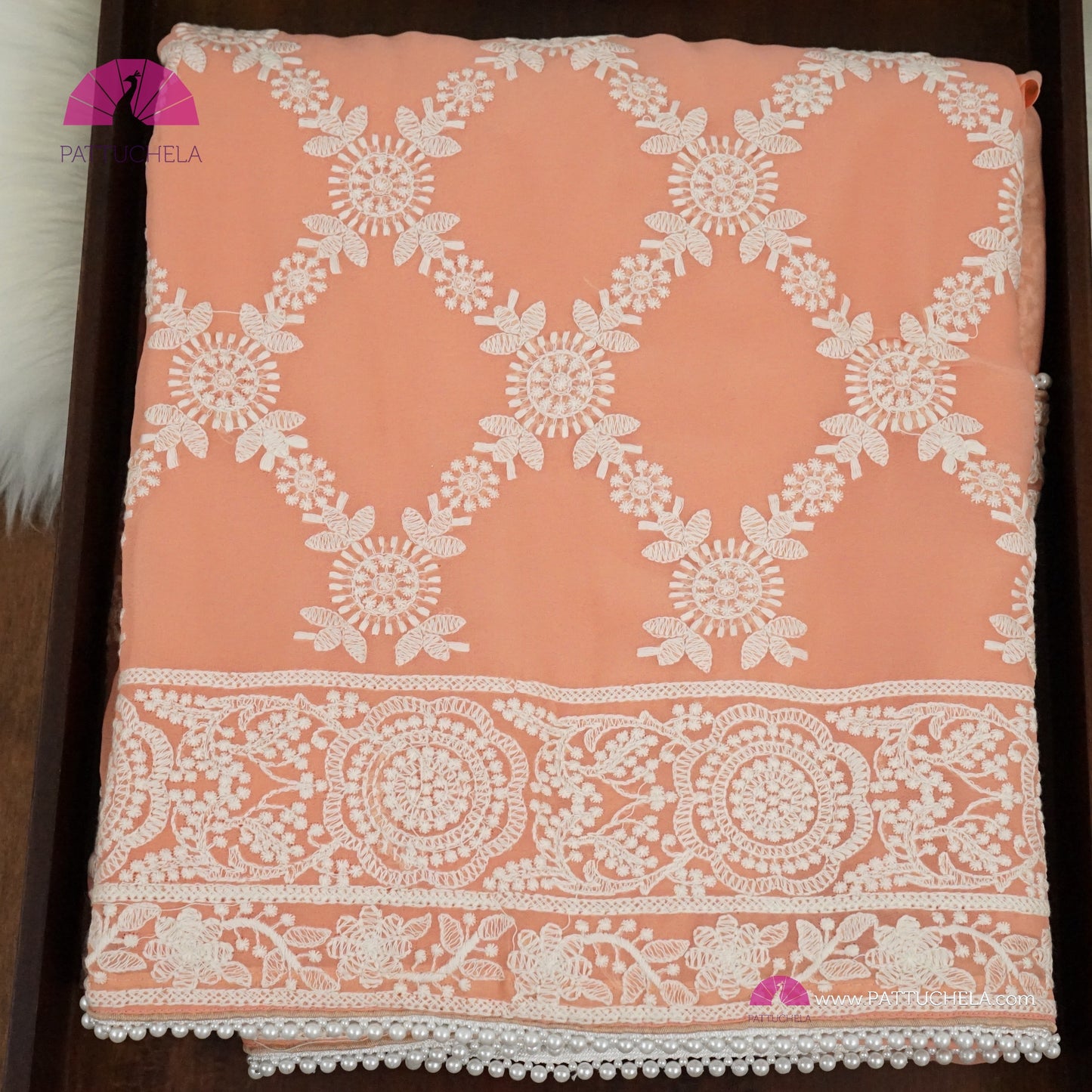 Pastel Peach Lucknawi Georgette Chikankari Saree in Geometric Pattern