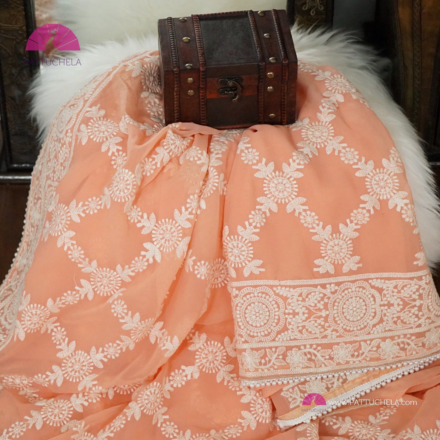 Pastel Peach Lucknawi Georgette Chikankari Saree in Geometric Pattern