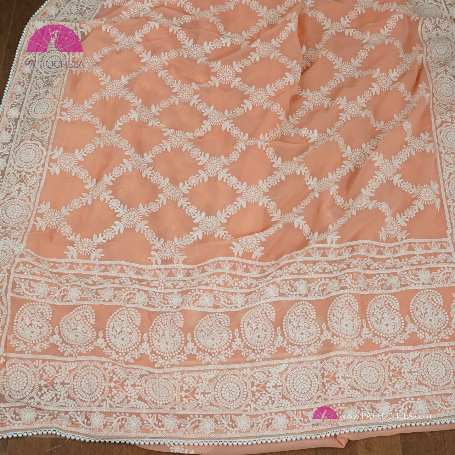 Pastel Peach Lucknawi Georgette Chikankari Saree in Geometric Pattern