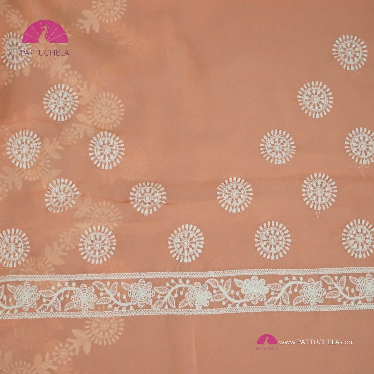 Pastel Peach Lucknawi Georgette Chikankari Saree in Geometric Pattern