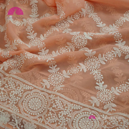 Pastel Peach Lucknawi Georgette Chikankari Saree in Geometric Pattern