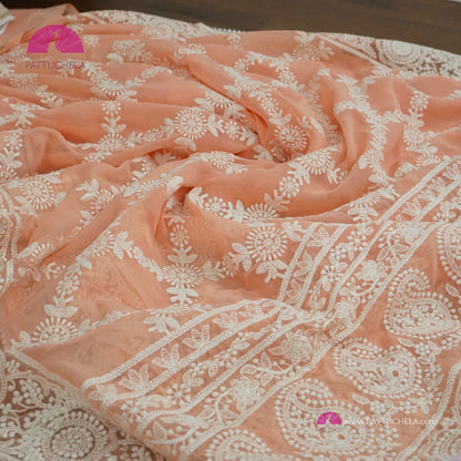 Pastel Peach Lucknawi Georgette Chikankari Saree in Geometric Pattern